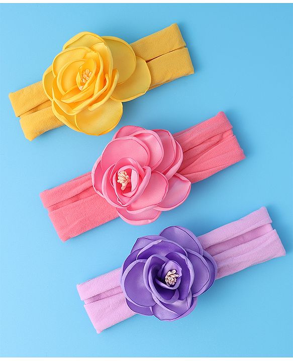 Babyhug Free Size Headbands With Flower Applique Pack of 3 - Yellow Pink & Purple