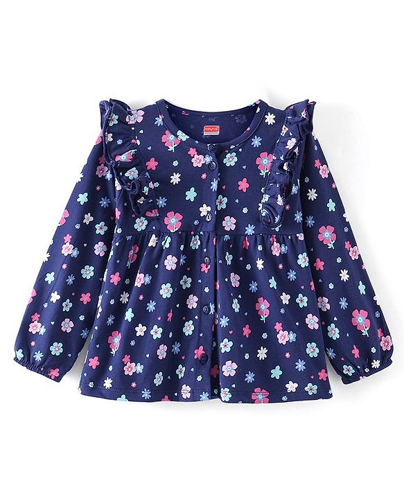 Babyhug 100% Cotton Knit Full Sleeves Front-Open Floral Printed Top with Frill Detailing - Navy Blue