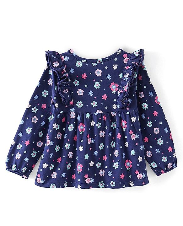 Babyhug 100% Cotton Knit Full Sleeves Front-Open Floral Printed Top with Frill Detailing - Navy Blue