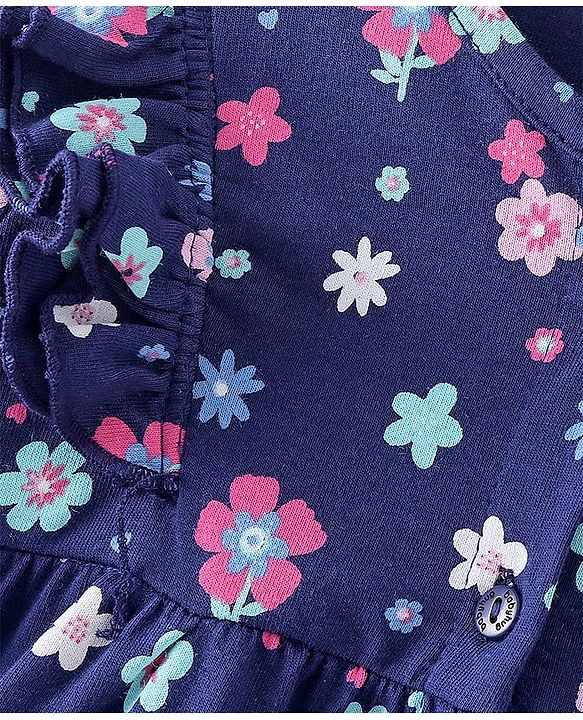 Babyhug 100% Cotton Knit Full Sleeves Front-Open Floral Printed Top with Frill Detailing - Navy Blue