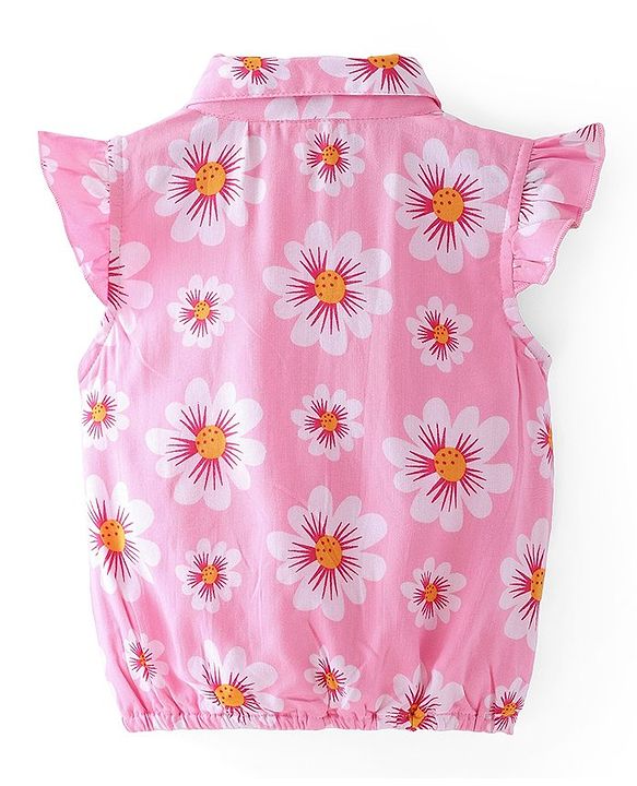 Babyhug Rayon Woven Frill Sleeves Top With Knot & Floral Print - Pink