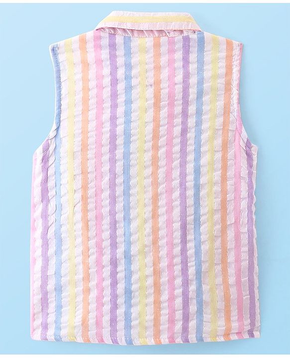 Babyhug Woven Sleeveless Front Open Striped  Top with Knot and Frill Detailing - Multicolour