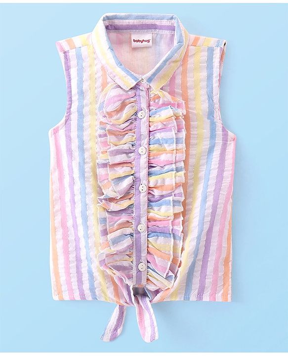 Babyhug Woven Sleeveless Front Open Striped  Top with Knot and Frill Detailing - Multicolour