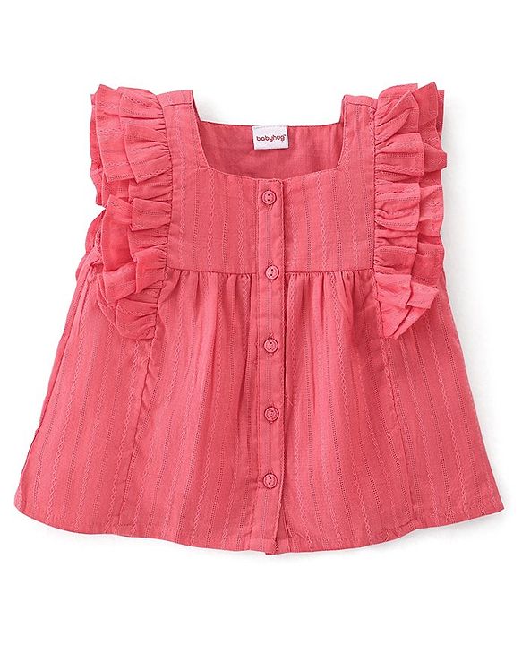 Babyhug 100% Cotton Woven Front Open Sleeveless Top with Frill Detailing - Pink