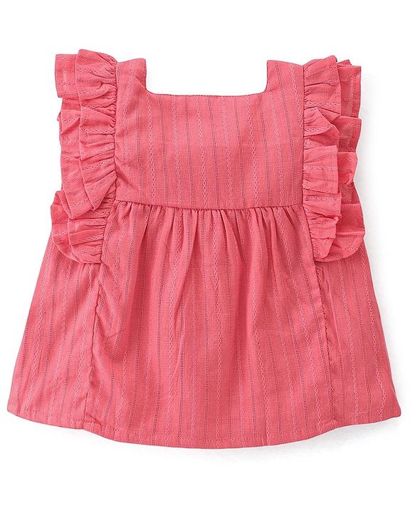 Babyhug 100% Cotton Woven Front Open Sleeveless Top with Frill Detailing - Pink