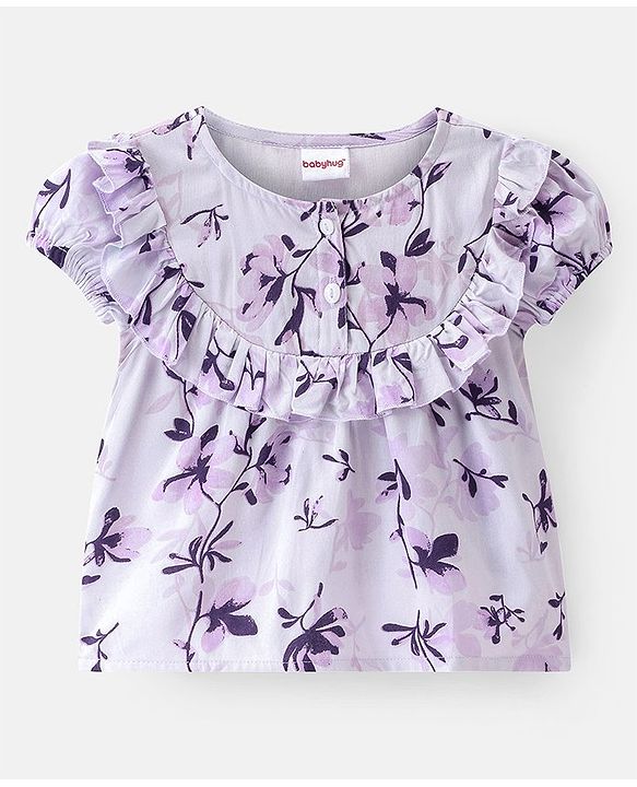Babyhug Rayon Woven Half Sleeves Top With Knot Floral Print - Purple