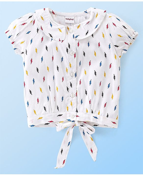 Babyhug Rayon Woven Front Open Half Sleeves Printed Top - White