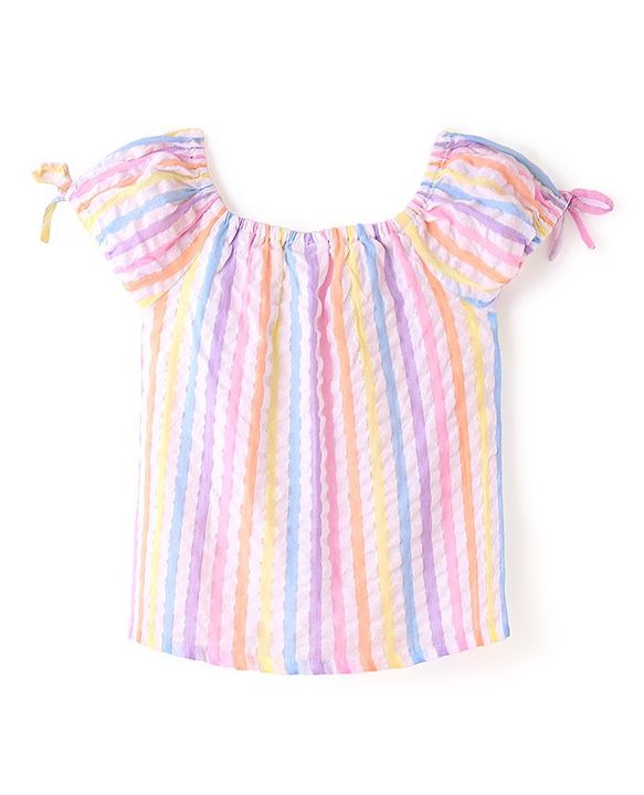 Babyhug Cotton Blend Woven  Half Sleeves Top with Stripes - Pink & Purple