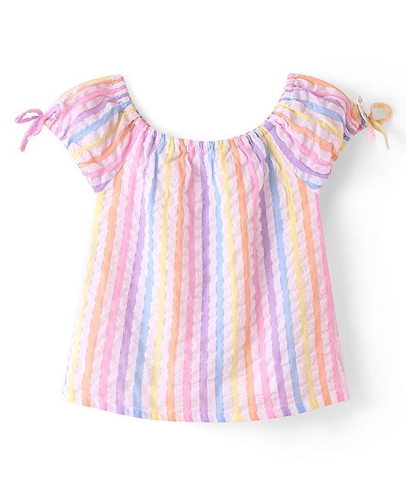 Babyhug Cotton Blend Woven  Half Sleeves Top with Stripes - Pink & Purple
