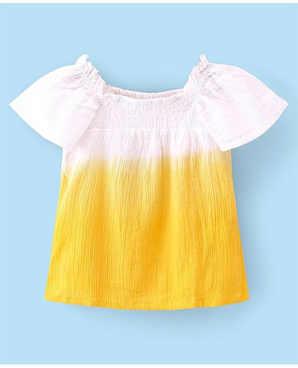 Babyhug Cotton Half Sleeves Gradient Woven Cropped Top With Smocking and Frills Detailing - Yellow
