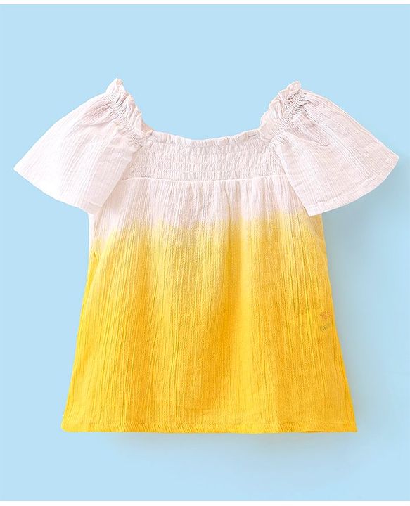 Babyhug Cotton Half Sleeves Gradient Woven Cropped Top With Smocking and Frills Detailing - Yellow