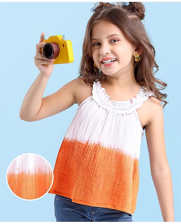 Babyhug Cotton Crinkle Woven Sleeveless Top with Frills and Gradient Effect - Orange & White