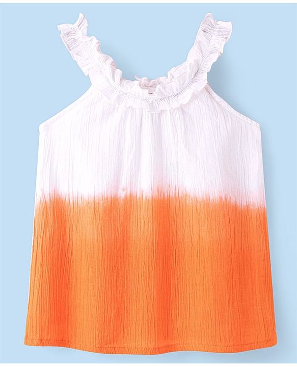 Babyhug Cotton Crinkle Woven Sleeveless Top with Frills and Gradient Effect - Orange & White