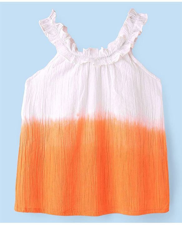 Babyhug Cotton Crinkle Woven Sleeveless Top with Frills and Gradient Effect - Orange & White