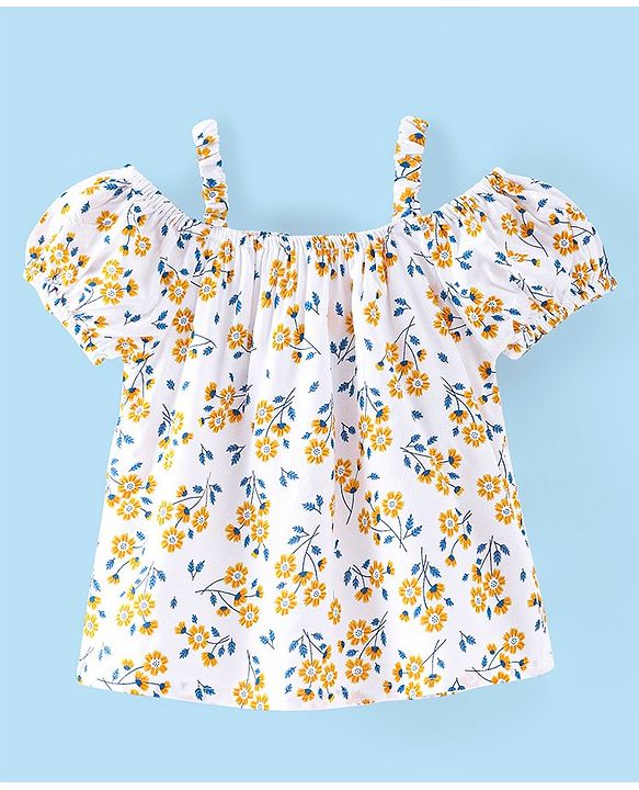 Babyhug Rayon Woven Gathered Half Sleeves Top With Floral Print - White Yellow & Blue