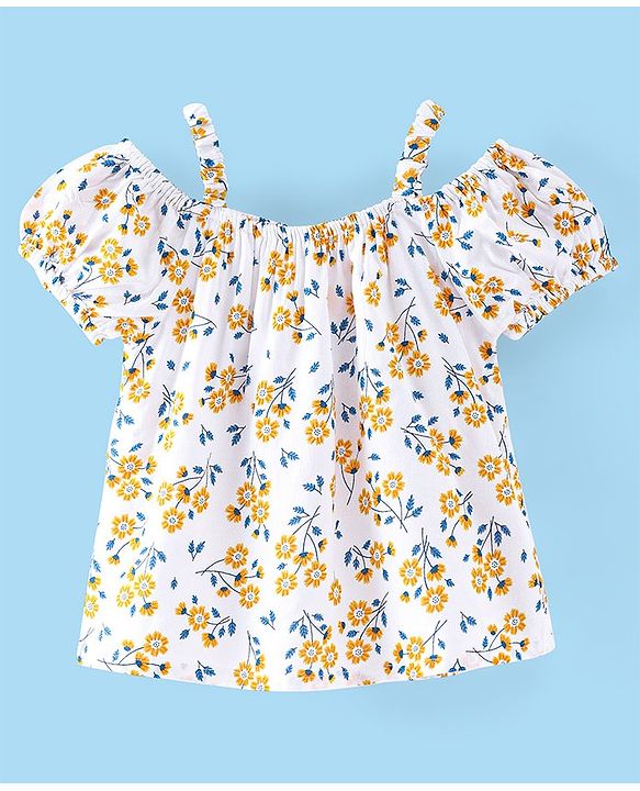 Babyhug Rayon Woven Gathered Half Sleeves Top With Floral Print - White Yellow & Blue