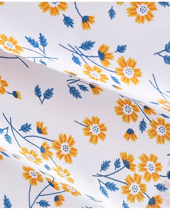Babyhug Rayon Woven Gathered Half Sleeves Top With Floral Print - White Yellow & Blue