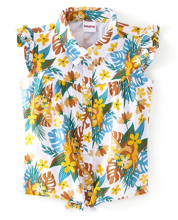 Babyhug Sleeveless Top with Knot Detailing Floral Print - White