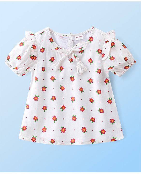 Babyhug Rayon Woven Half Sleeves Gathered Top with Frills & Floral Print - White