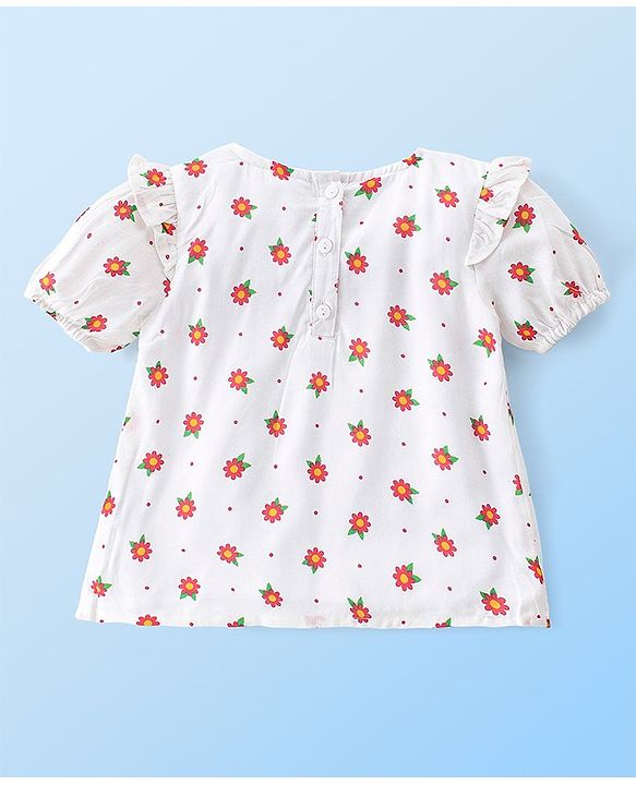 Babyhug Rayon Woven Half Sleeves Gathered Top with Frills & Floral Print - White