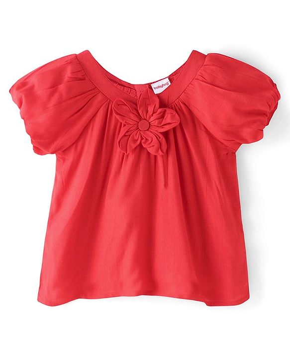 Babyhug Rayon  Gathered Half Sleeves Woven Top With Floral Corsage - Red