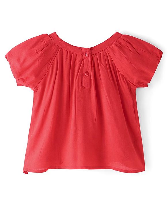 Babyhug Rayon  Gathered Half Sleeves Woven Top With Floral Corsage - Red