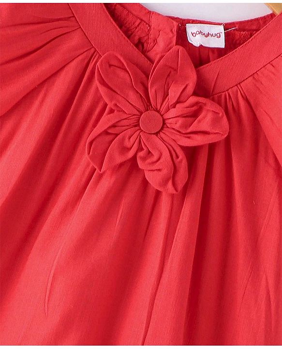 Babyhug Rayon  Gathered Half Sleeves Woven Top With Floral Corsage - Red