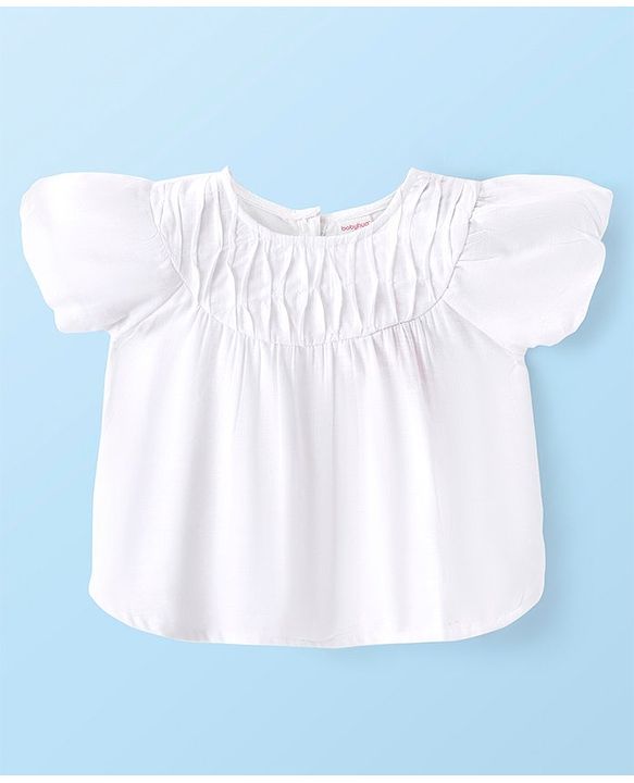 Babyhug Rayon Gathered Half Sleeves Woven Top With Fabric Manipulation - White