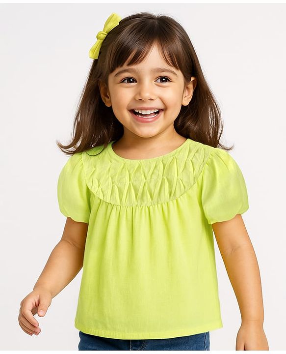 Babyhug Rayon Gathered Half Sleeves Woven Cropped Top With Fabric Manipulation - Lime