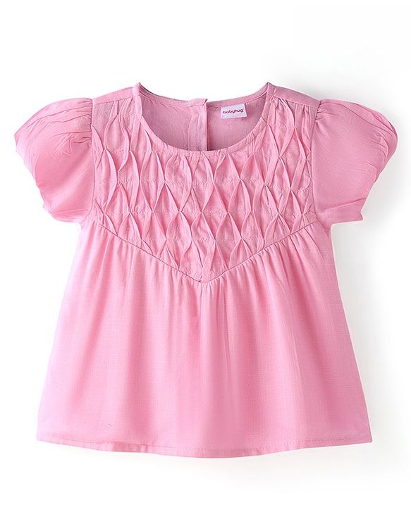 Babyhug Rayon Woven A-Line Gathered Puffed Half Sleeves Top With Fabric Manipulation - Light Pink