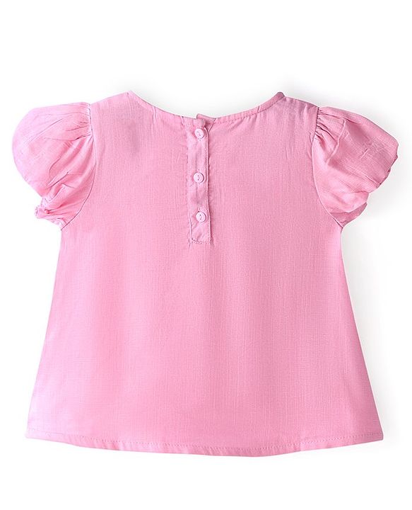 Babyhug Rayon Woven A-Line Gathered Puffed Half Sleeves Top With Fabric Manipulation - Light Pink