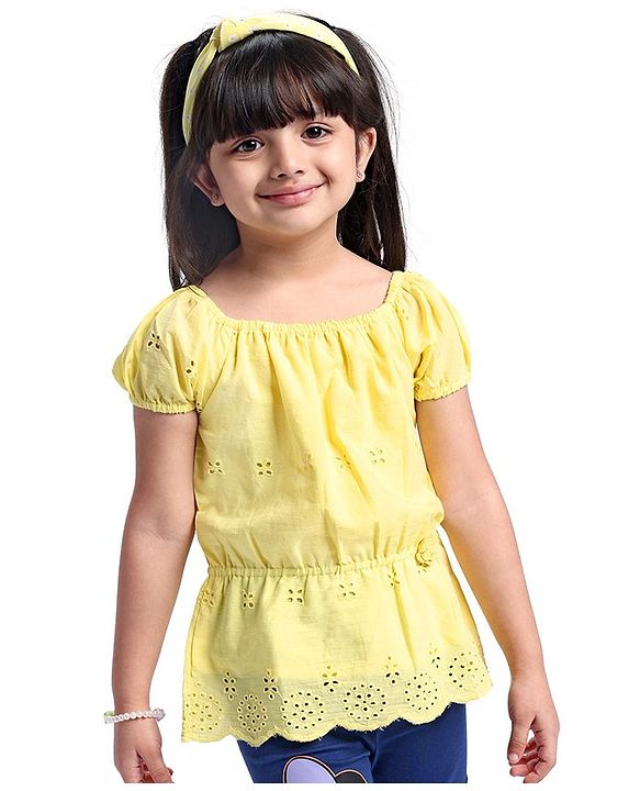 Babyhug Cotton Woven  Half Sleeves  Top with Floral Corsage Solid Colour - Yellow