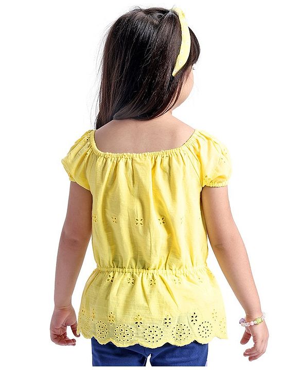 Babyhug Cotton Woven  Half Sleeves  Top with Floral Corsage Solid Colour - Yellow
