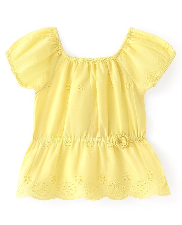 Babyhug Cotton Woven  Half Sleeves  Top with Floral Corsage Solid Colour - Yellow