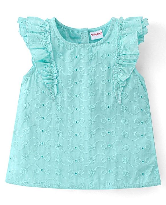 Babyhug 100% Cotton Woven Sleeveless Chikankari Top with Frill Detailing - Light Blue