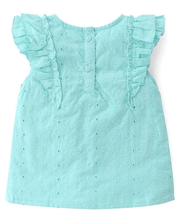 Babyhug 100% Cotton Woven Sleeveless Chikankari Top with Frill Detailing - Light Blue