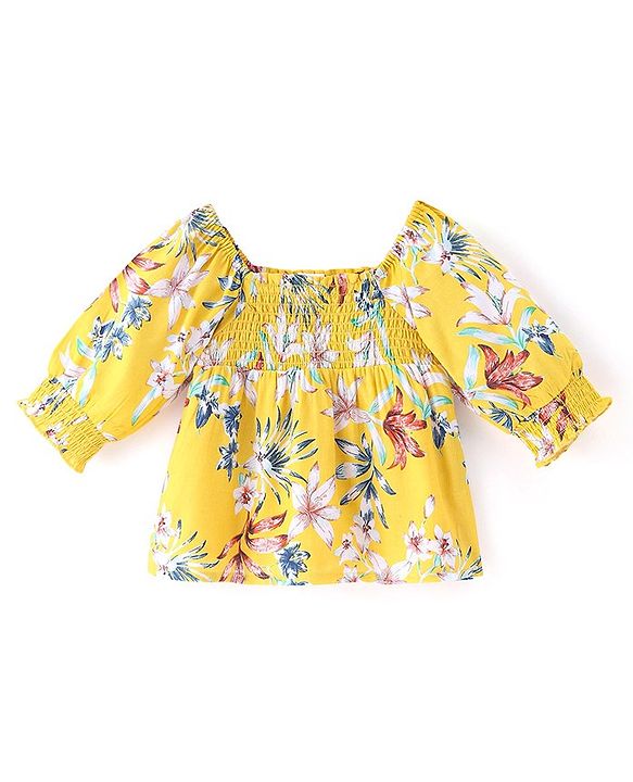 Babyhug Rayon Woven Half Sleeves Top With Smoking Detailing Floral Print - Mustard