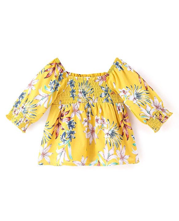 Babyhug Rayon Woven Half Sleeves Top With Smoking Detailing Floral Print - Mustard