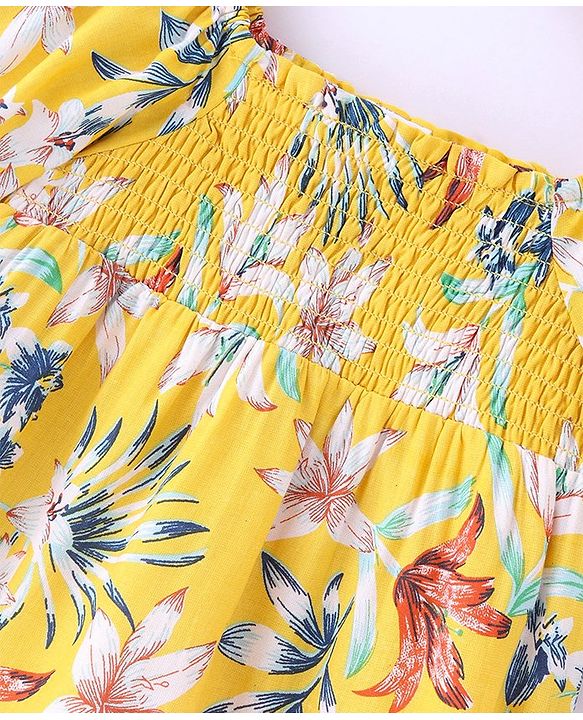Babyhug Rayon Woven Half Sleeves Top With Smoking Detailing Floral Print - Mustard