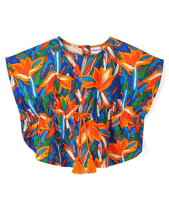 BABYHUG GIRLS RAYON HALF SLEEVES WOVEN TOP WITH DRAWSTRING & ALL OVER PRINT