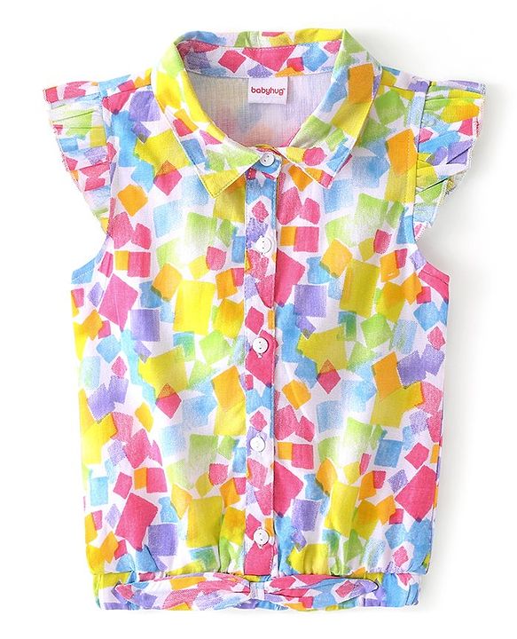 Babyhug Rayon Front Open Half Sleeves Woven Top With Frills, Knot & Abstract Print - Multicolor