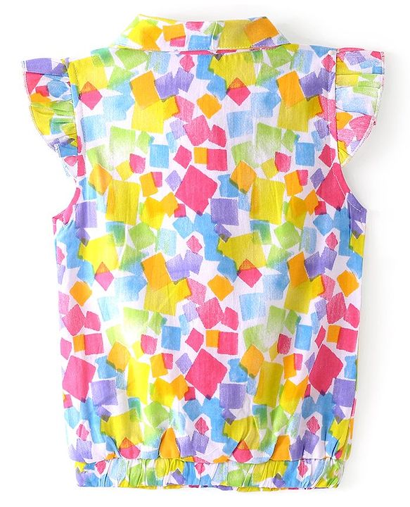 Babyhug Rayon Front Open Half Sleeves Woven Top With Frills, Knot & Abstract Print - Multicolor