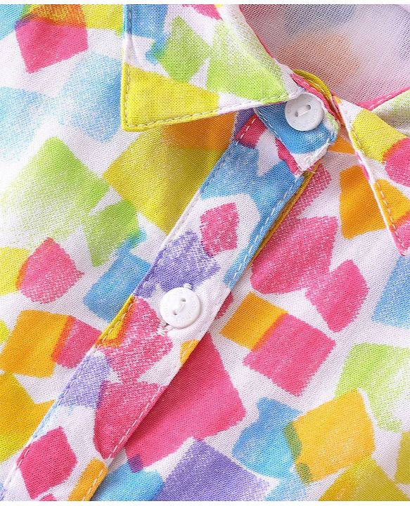 Babyhug Rayon Front Open Half Sleeves Woven Top With Frills, Knot & Abstract Print - Multicolor