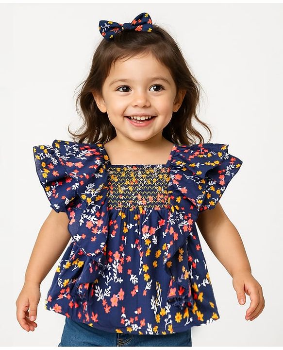 Babyhug Rayon Woven Half Sleeves Cropped Top With Smocking & Frills Detailing Floral Print - Blue