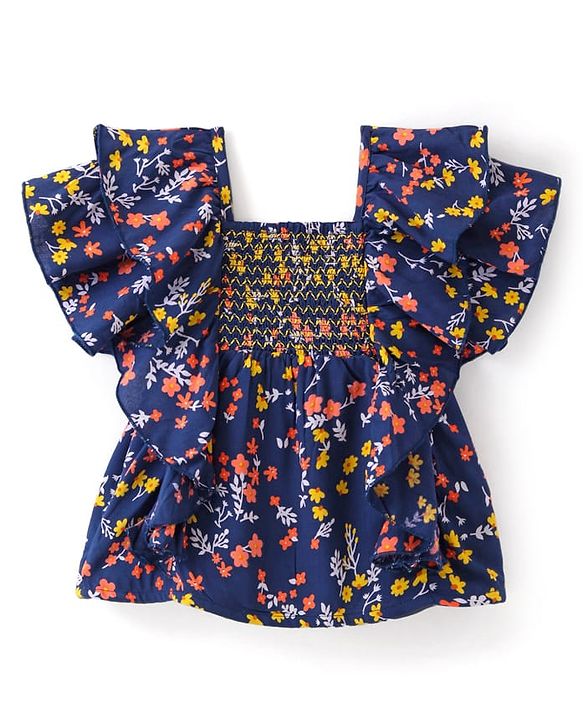 Babyhug Rayon Woven Half Sleeves Cropped Top With Smocking & Frills Detailing Floral Print - Blue