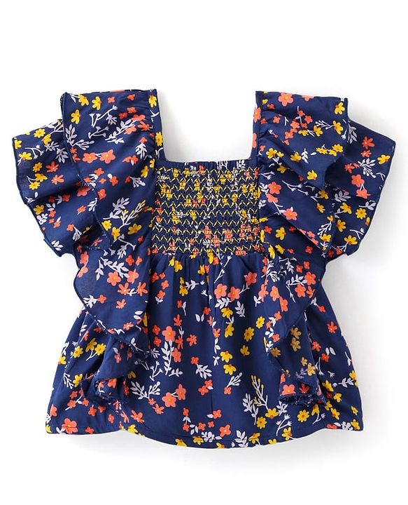 Babyhug Rayon Woven Half Sleeves Cropped Top With Smocking & Frills Detailing Floral Print - Blue
