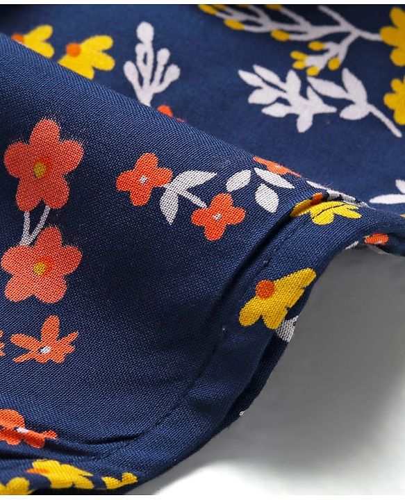 Babyhug Rayon Woven Half Sleeves Cropped Top With Smocking & Frills Detailing Floral Print - Blue