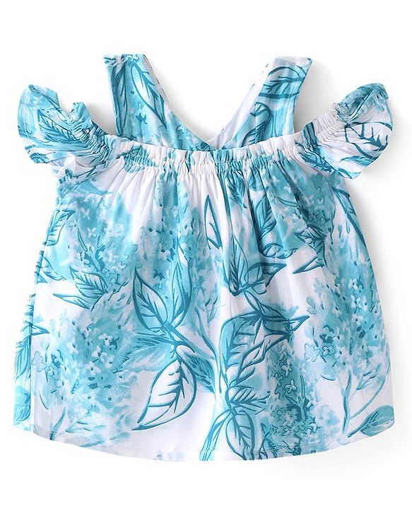 Babyhug Rayon Half Sleeves Woven Cold Shoulder Top With Ruffles and Frills Floral Print - Blue