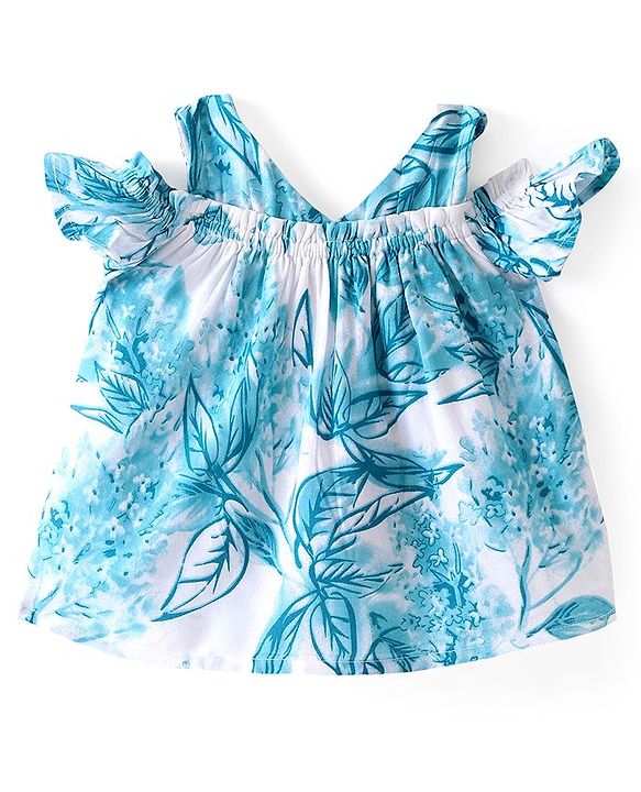 Babyhug Rayon Half Sleeves Woven Cold Shoulder Top With Ruffles and Frills Floral Print - Blue