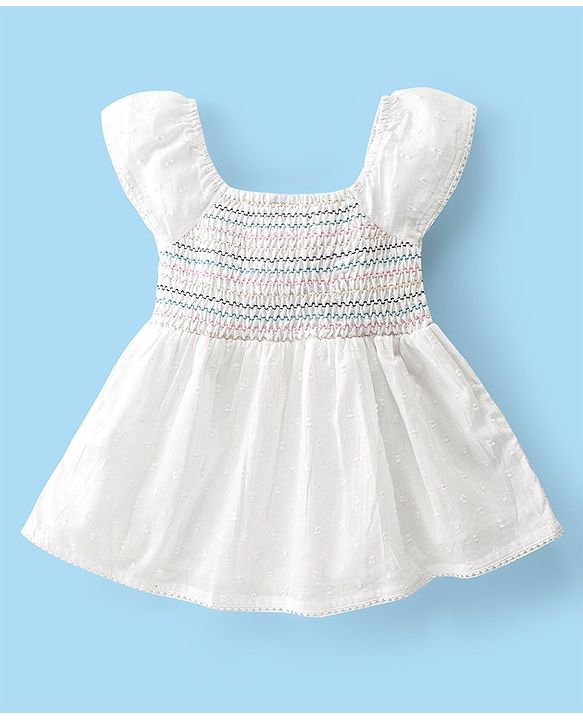 Babyhug Cotton Half Sleeves Woven Top With Smocking and Lace Detailing - White